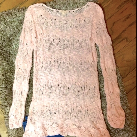 Vintage Boho Soft Peach Long Loose Knit Crochet Sweater - Picture 2 of 6